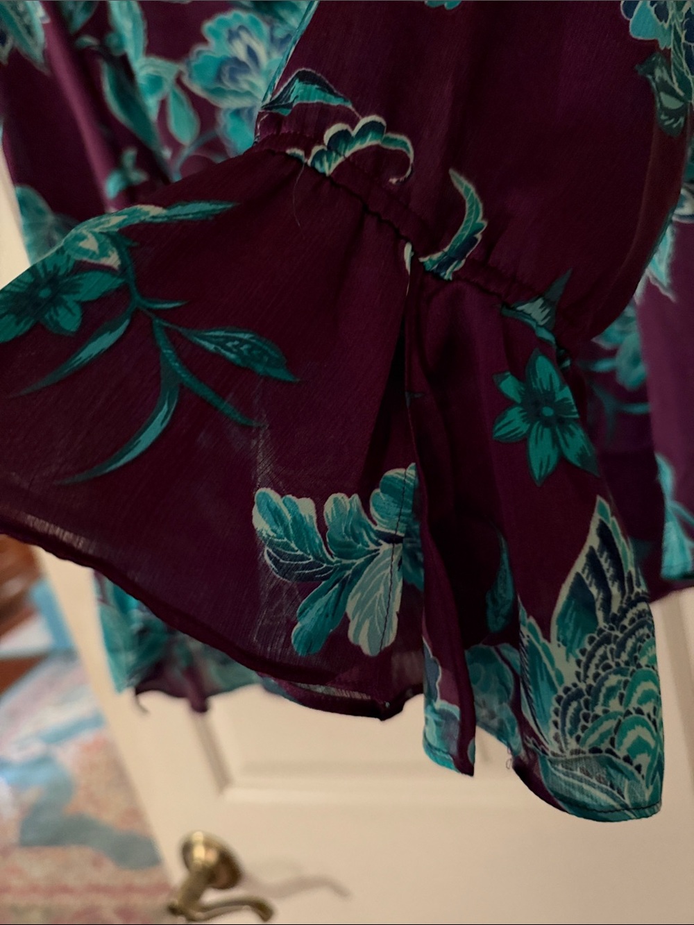 IMAN Plum Button-Front Tie-Neck Blouse with Teal Floral Print - Picture 2 of 2
